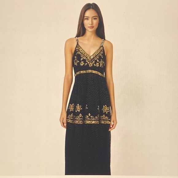 RAGA Black Cotton Gold Sequin Embroidered Maxi Dress Festival XS - Picture 16 of 16